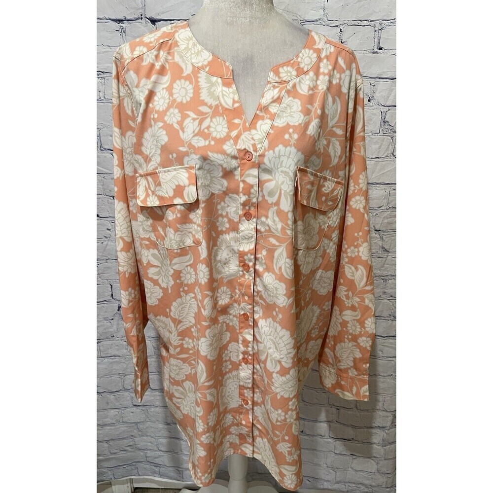 Denim & Co QVC Floral Printed Y-neck Button Up Tunic-Coral Bisque Plus Size 2X